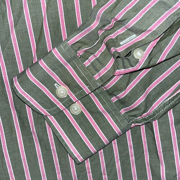 Johnnie-O Mens Olive Green Pink Stripe Button Down Hanging out Shirt LS - Picture 5 of 8